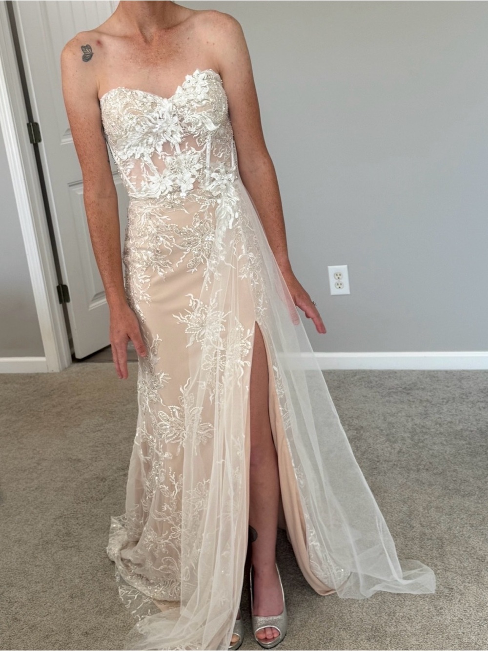 Strapless Lace Overlay Nude wedding gown with Slit